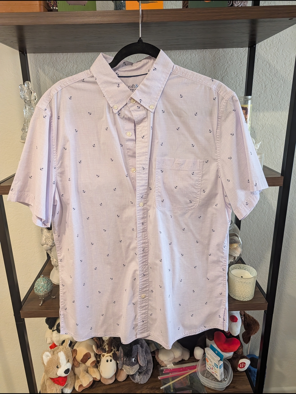 Men's Short-Sleeve Light Lavender Button-Down Shirt with Anchor Print